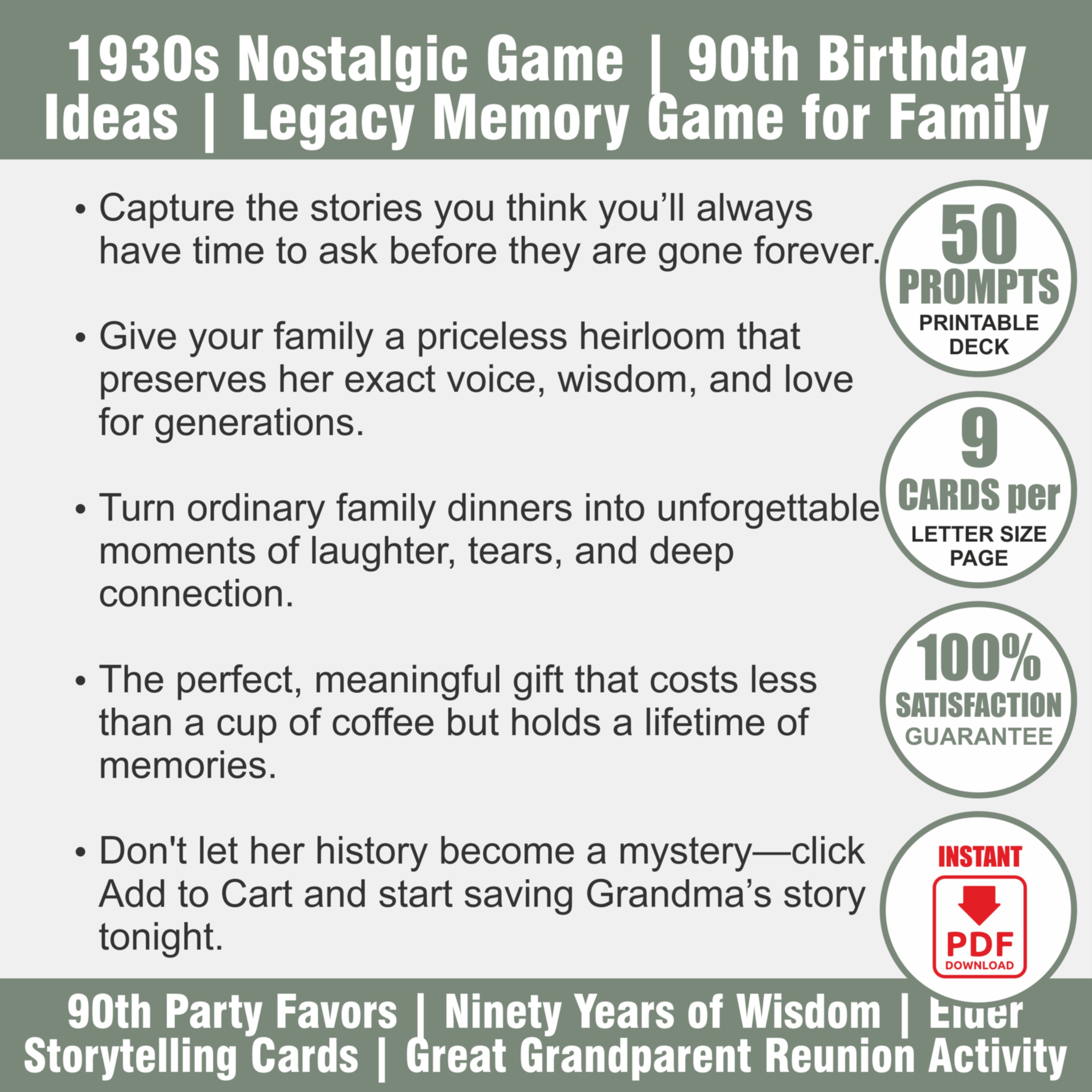 90th Birthday Game | Nine Decades of Memories | 90 Years Loved Party Activity | Conversation Deck - View 2